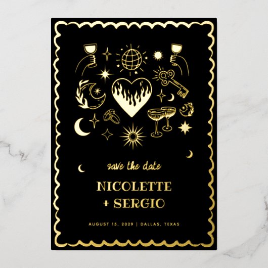 Hand Drawn Celestial Wedding Save the Date in Gold Folieneinladung (Vorderseite)