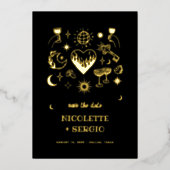 Hand Drawn Celestial Wedding Save the Date in Gold Folieneinladung (Vorderseite)