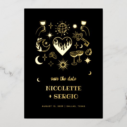 Hand Drawn Celestial Wedding Save the Date in Gold Folieneinladung (Vorderseite)