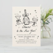 Hand Drawn Champagne Cheers New Years Eve Party Einladung (Stehend Vorderseite)
