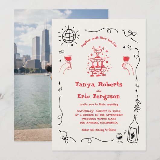 Hand Drawn Champagne Cocktail Whimsical Wedding Einladung (Vorne/Hinten)