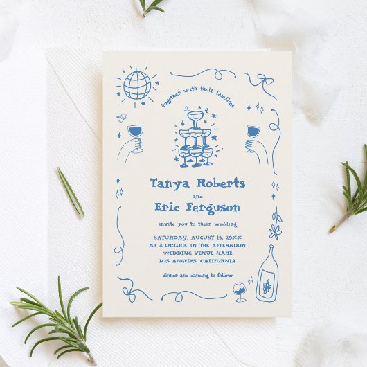 Hand Drawn Champagne Cocktail Whimsical Wedding Einladung