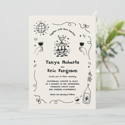 Hand Drawn Champagne Cocktail Whimsical Wedding Einladung (Stehend Vorderseite)