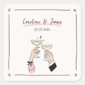 Hand Drawn Champagner Toast Hochzeitsticker Quadratischer Aufkleber (Vorderseite)