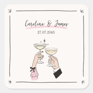Hand Drawn Champagner Toast Hochzeitsticker Quadratischer Aufkleber