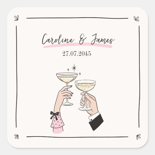 Hand Drawn Champagner Toast Hochzeitsticker Quadratischer Aufkleber (Vorderseite)