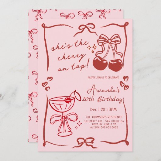 hand-drawn cherry martini birthday einladung (Vorne/Hinten)