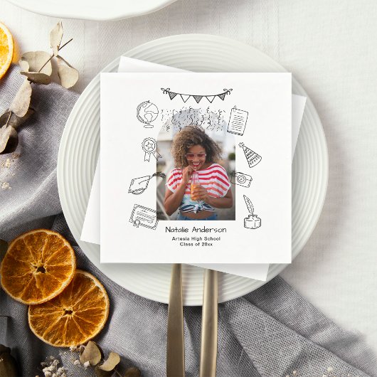 Hand Drawn Chic Arch Photo Graduate Party Serviette