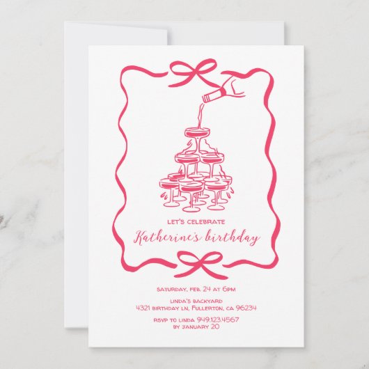 Hand Drawn Chic Pink Champagne Birthday Party Einladung (Vorderseite)