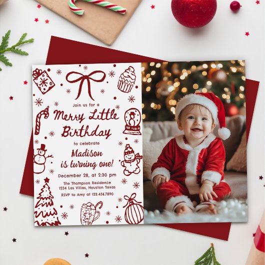 Hand Drawn Christmas Merry Little Birthday Photo Einladung