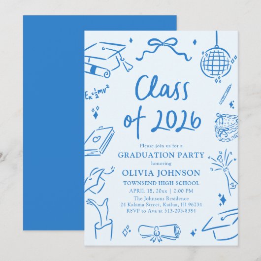 Hand Drawn Class of 2026 Blue Graduation Party Einladung (Vorne/Hinten)