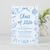Hand Drawn Class of 2026 Blue Graduation Party Einladung (Stehend Vorderseite)