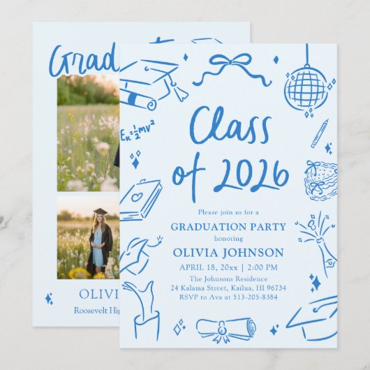 Hand Drawn Class of 2026 Blue Graduation Party Einladung (Vorne/Hinten)