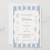 Hand drawn coastal beach dusty blue ivory wedding einladung (Vorderseite)