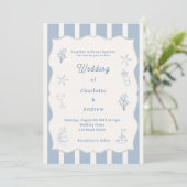 Hand drawn coastal beach dusty blue ivory wedding einladung (Stehend Vorderseite)