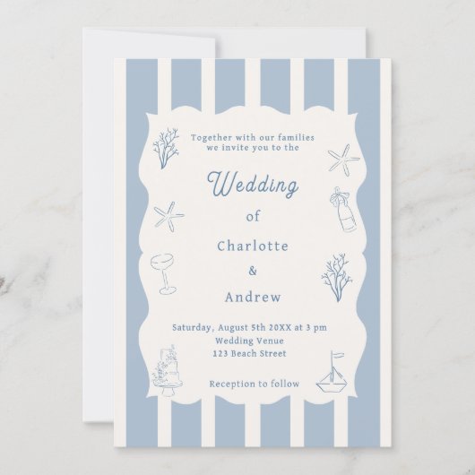 Hand drawn coastal beach dusty blue ivory wedding einladung (Vorderseite)
