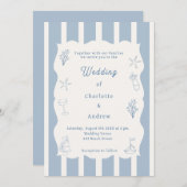 Hand drawn coastal beach dusty blue ivory wedding einladung (Vorne/Hinten)
