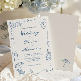 Hand Drawn Coastal Beach Dusty Blue Ivory Wedding Einladung