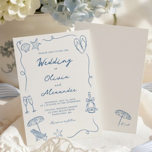 Hand Drawn Coastal Beach Dusty Blue Ivory Wedding Einladung