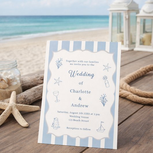 Hand drawn coastal beach dusty blue ivory wedding einladung