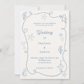 Hand drawn coastal beach dusty blue ivory wedding einladung (Vorderseite)