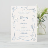Hand drawn coastal beach dusty blue ivory wedding einladung (Stehend Vorderseite)