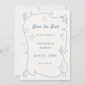 Hand drawn coastal beach dusty blue ivory wedding save the date (Vorderseite)