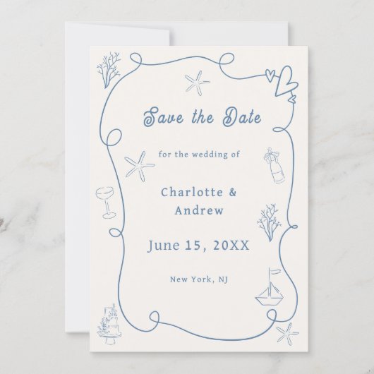 Hand drawn coastal beach dusty blue ivory wedding save the date (Vorderseite)