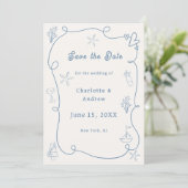 Hand drawn coastal beach dusty blue ivory wedding save the date (Stehend Vorderseite)