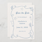 Hand drawn coastal beach dusty blue ivory wedding save the date (Vorne/Hinten)