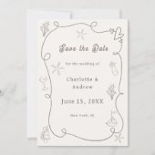 Hand drawn coastal beach ivory taupe sand wedding save the date (Vorderseite)