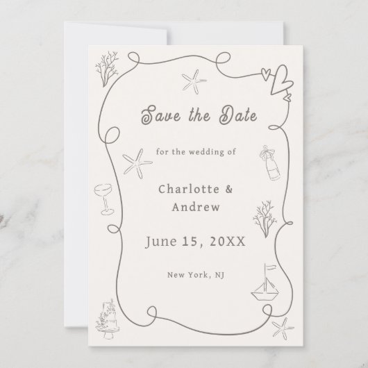 Hand drawn coastal beach ivory taupe sand wedding save the date (Vorderseite)