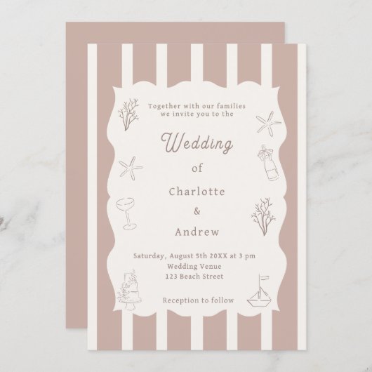 Hand drawn coastal beach ivory taupe wedding einladung (Vorne/Hinten)