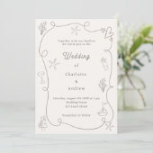 Hand drawn coastal beach taupe sand ivory wedding einladung (Stehend Vorderseite)