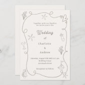 Hand drawn coastal beach taupe sand ivory wedding einladung (Vorne/Hinten)