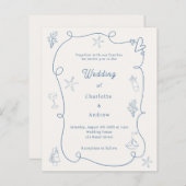 Hand drawn coastal blue ivory wedding invitation (Vorne/Hinten)