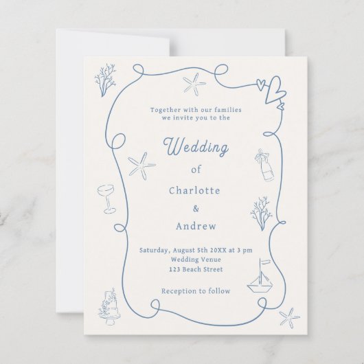 Hand drawn coastal blue ivory wedding invitation (Vorderseite)