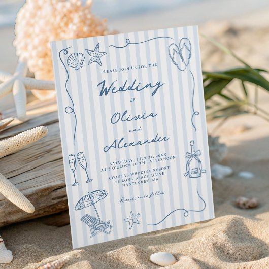 Hand Drawn Coastal Dusty Blue Beach Wedding Einladung