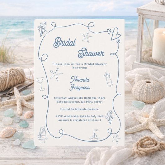 Hand drawn coastal dusty blue ivory Bridal Shower Einladung