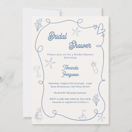 Hand drawn coastal dusty blue ivory Bridal Shower Einladung (Vorderseite)