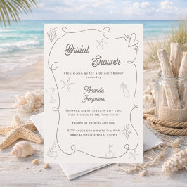 Hand drawn coastal ivory taupe sand Bridal Shower Einladung