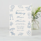 Hand Drawn Coastal Whimsical Doodle Beach Wedding Einladung (Stehend Vorderseite)