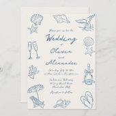 Hand Drawn Coastal Whimsical Doodle Beach Wedding Einladung (Vorne/Hinten)