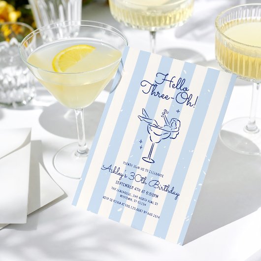 Hand Drawn Cocktail Hello Three-Oh! Striped 30th Einladung