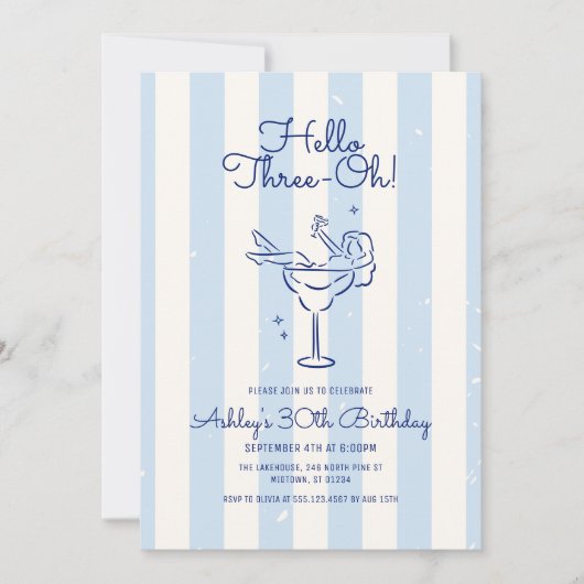 Hand Drawn Cocktail Hello Three-Oh! Striped 30th Einladung (Vorderseite)