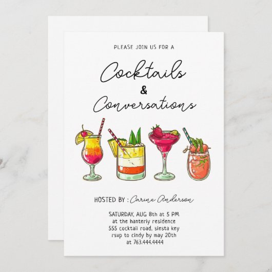 Hand drawn Cocktails and Conversation Party Einladung (Vorne/Hinten)