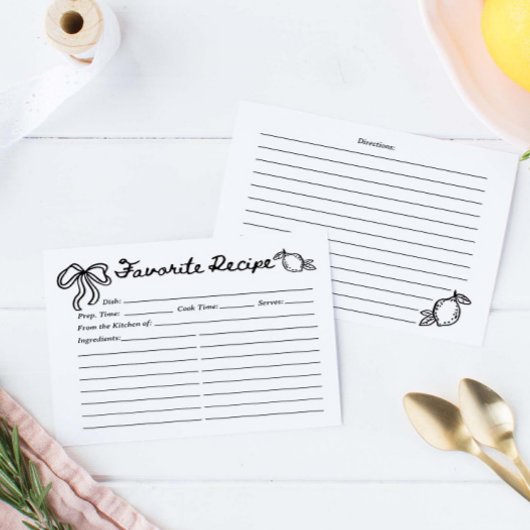 Hand Drawn Coquette Lemon Recipe Card
