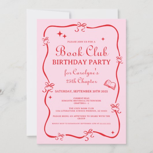 Hand Drawn Coquette Pink Red Book Club Invitation Einladung (Vorderseite)