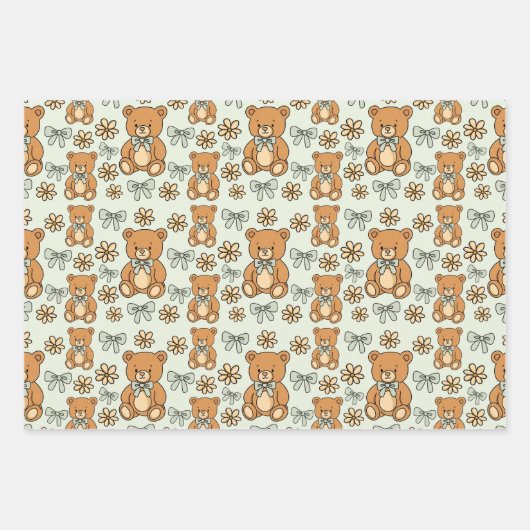 Hand-Drawn Coquette Teddy Bears Seamless Pattern Geschenkpapier Set (Vorderseite 3)