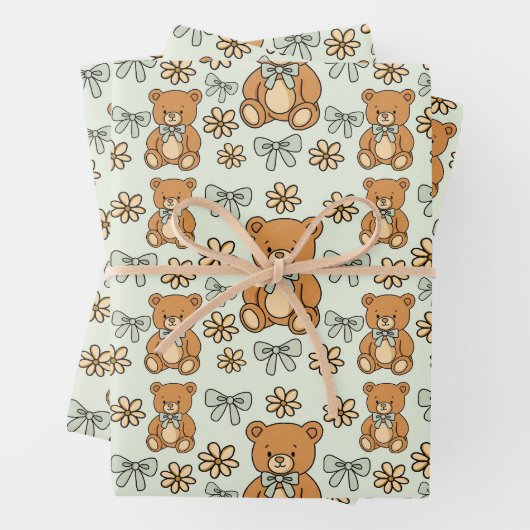 Hand-Drawn Coquette Teddy Bears Seamless Pattern Geschenkpapier Set (Beispiel)